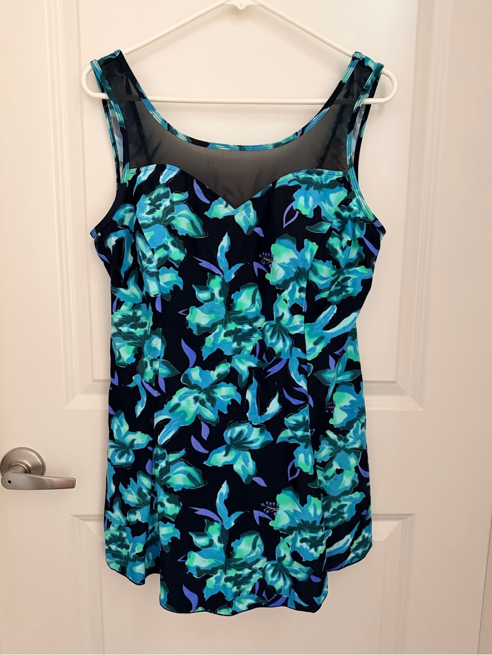 Floral Mesh-Accent Swimsuit in Teal Blue